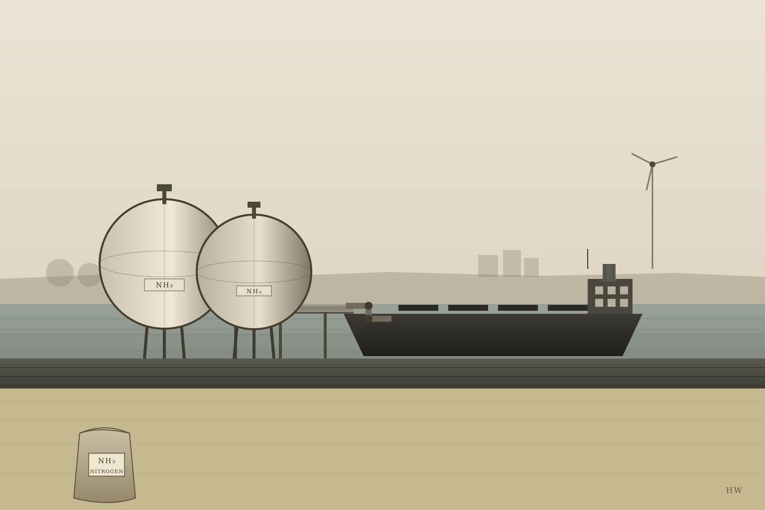 Restrained editorial illustration of a coastal ammonia terminal: two spherical storage tanks, a jetty pipe running to a docked bulk carrier, a wind mast in the background, and a small fertilizer sack set in the foreground for scale.