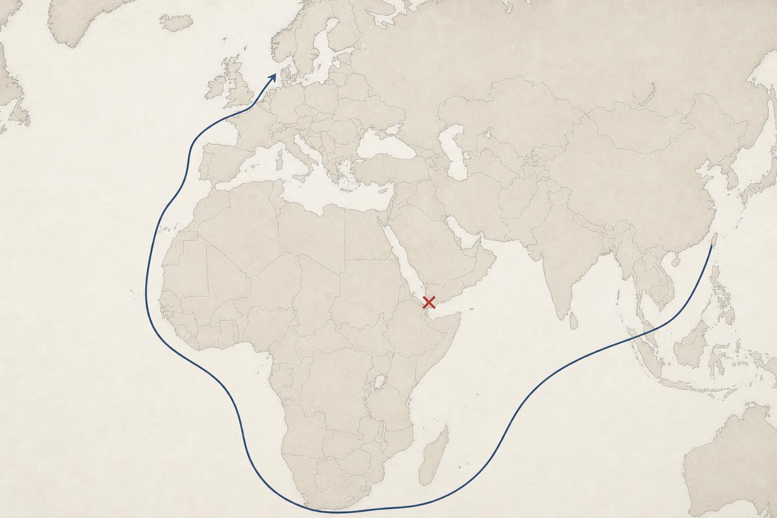 Restrained editorial map image of a blocked Red Sea shortcut and a longer shipping route bending around the Cape of Good Hope toward Europe.