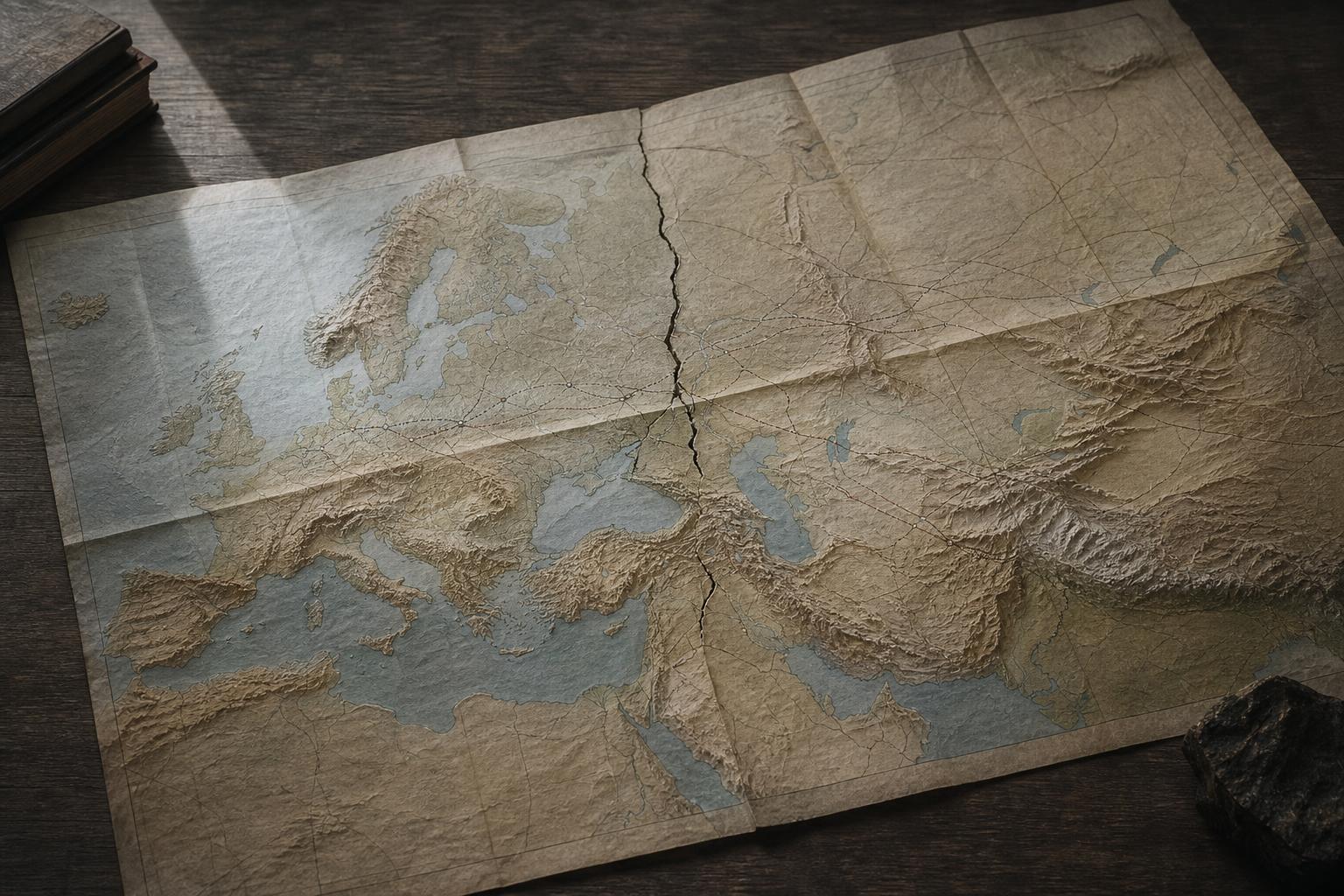 Restrained editorial image of a map of Europe and western Asia on a dark table, marked by east-west routes and one visible fracture.