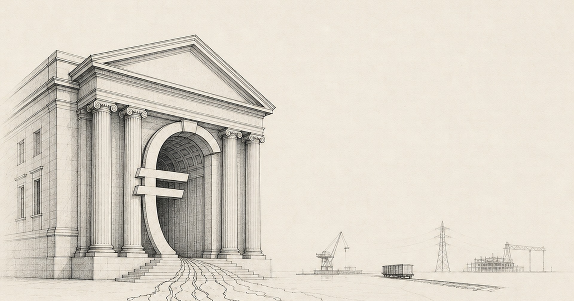 Minimal monochrome line drawing of a euro-shaped classical portal whose capital flows disperse into fragmented channels while faint industrial infrastructure sits in the distance.