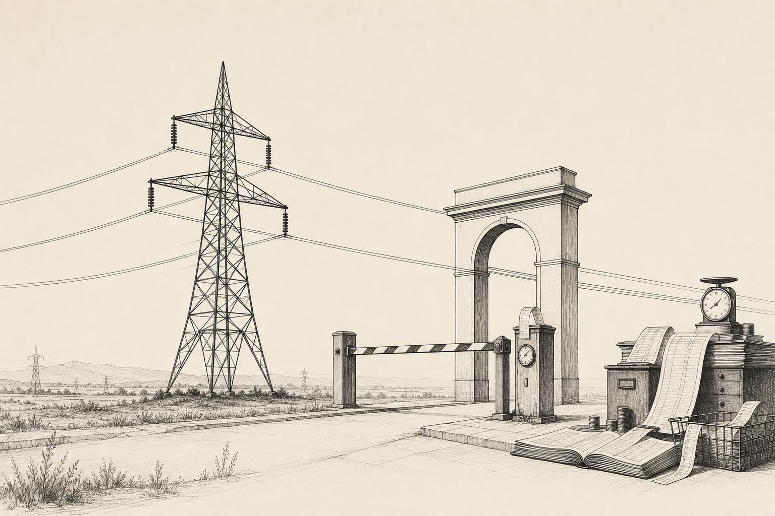 Minimal monochrome line drawing of a European transmission tower passing through a bureaucratic toll gate.
