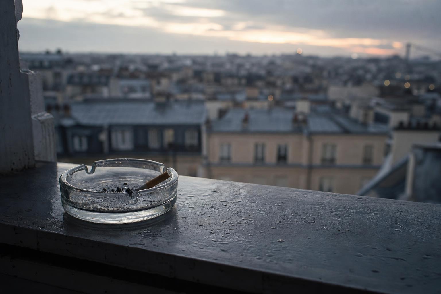 A glass ashtray on a wet balcony ledge at first light, with a blurred European skyline behind it.