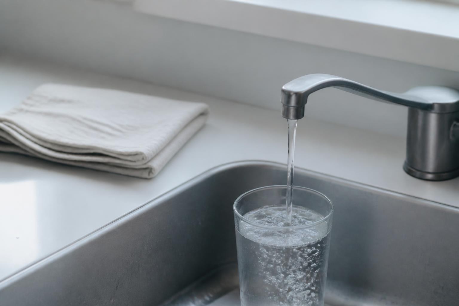 A plain kitchen tap running a thin ribbon of cold water into a clear glass on a stainless sink at midday, with a folded linen tea towel on the counter and pale August light from a side window.