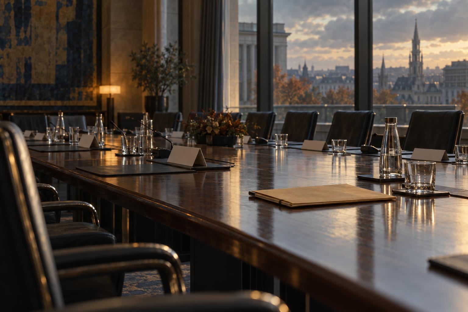 An empty European Council conference room in late Friday afternoon light, with a single closed folder left on the long polished table.