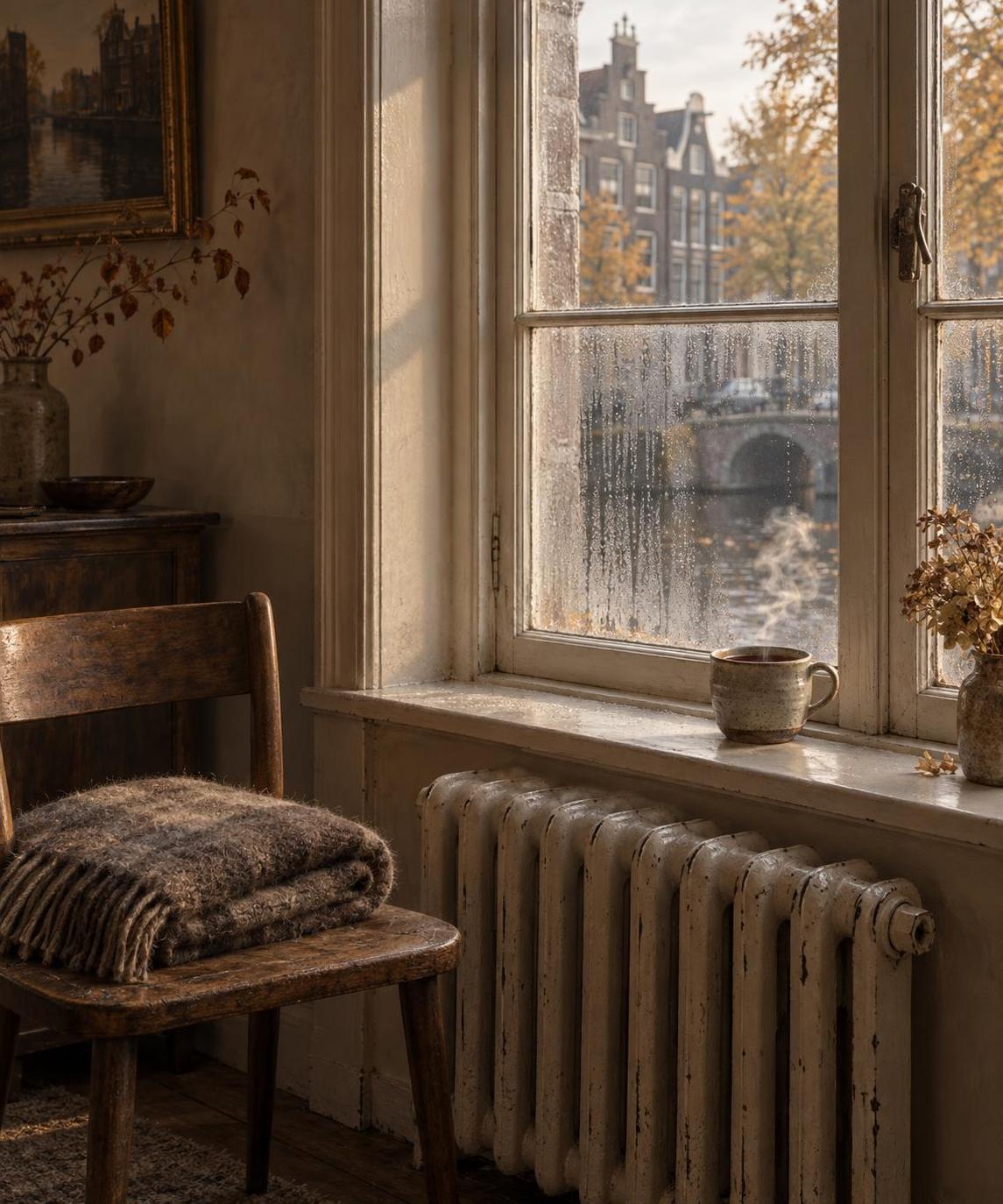 An old cast-iron radiator beneath a tall canal-house window in late September morning light, a folded wool blanket on a wooden chair beside it, a ceramic cup of black tea on the sill.