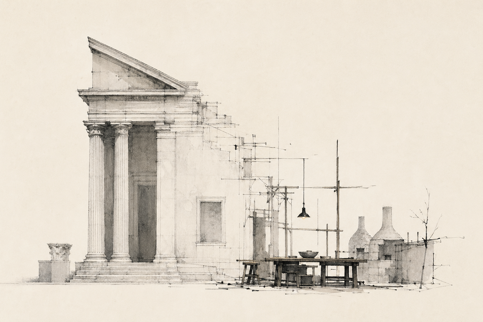 Monochrome ink drawing of a museum facade dissolving into a workshop.
