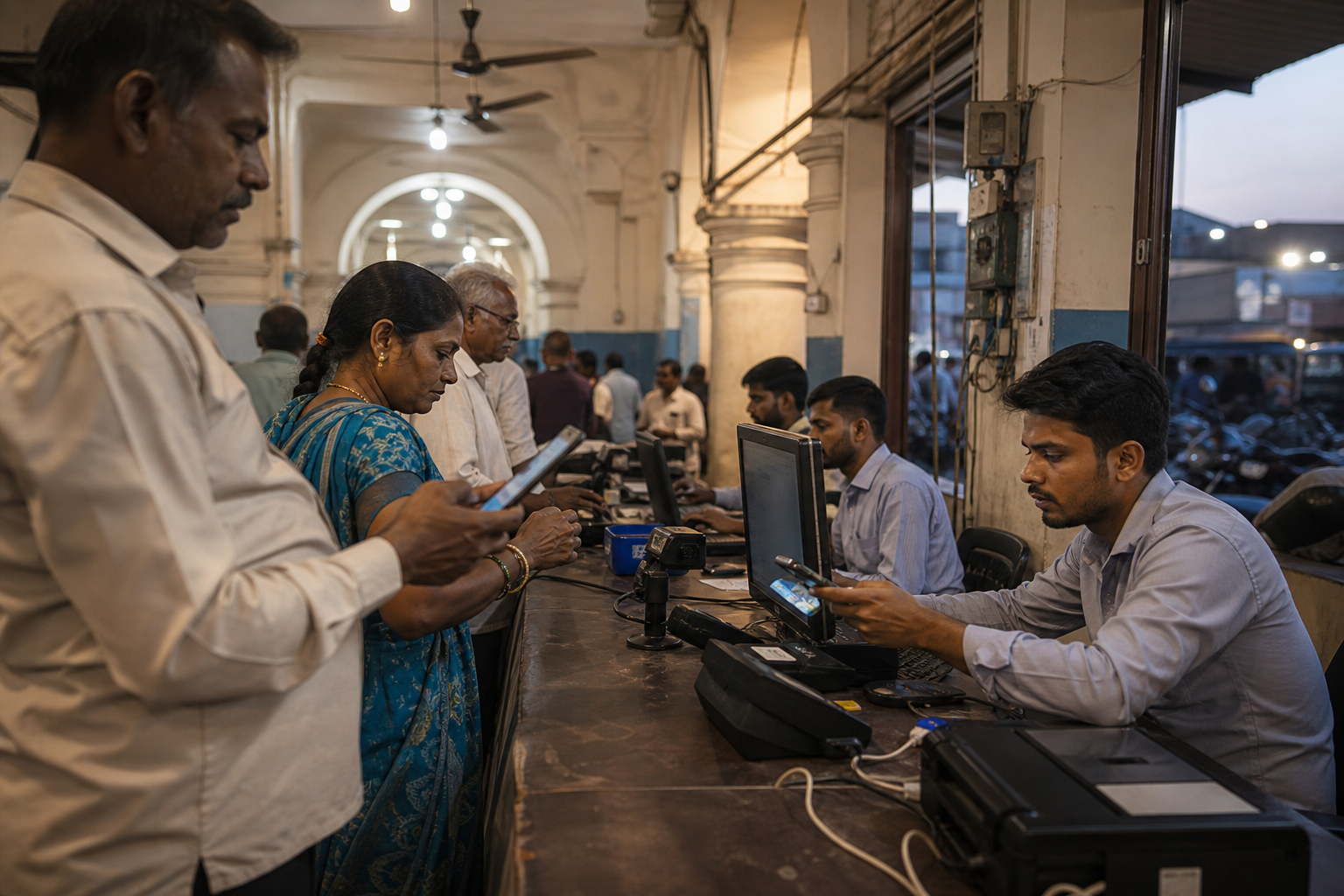 Citizens and clerks using phones, scanners, and payment rails across a busy Indian public-service counter, with digital infrastructure functioning as lived state capacity.