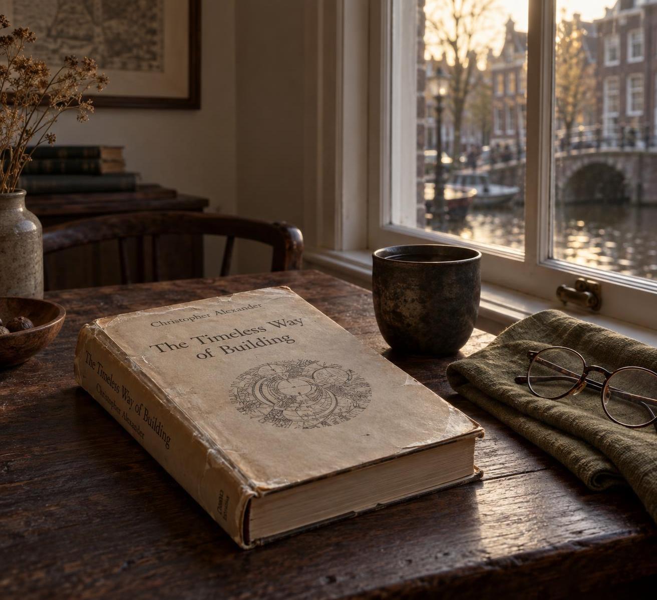 A worn hardcover of Christopher Alexander's The Timeless Way of Building on a dark wooden table in warm low light, beside a folded olive linen napkin, a small dark ceramic cup, and round spectacles.