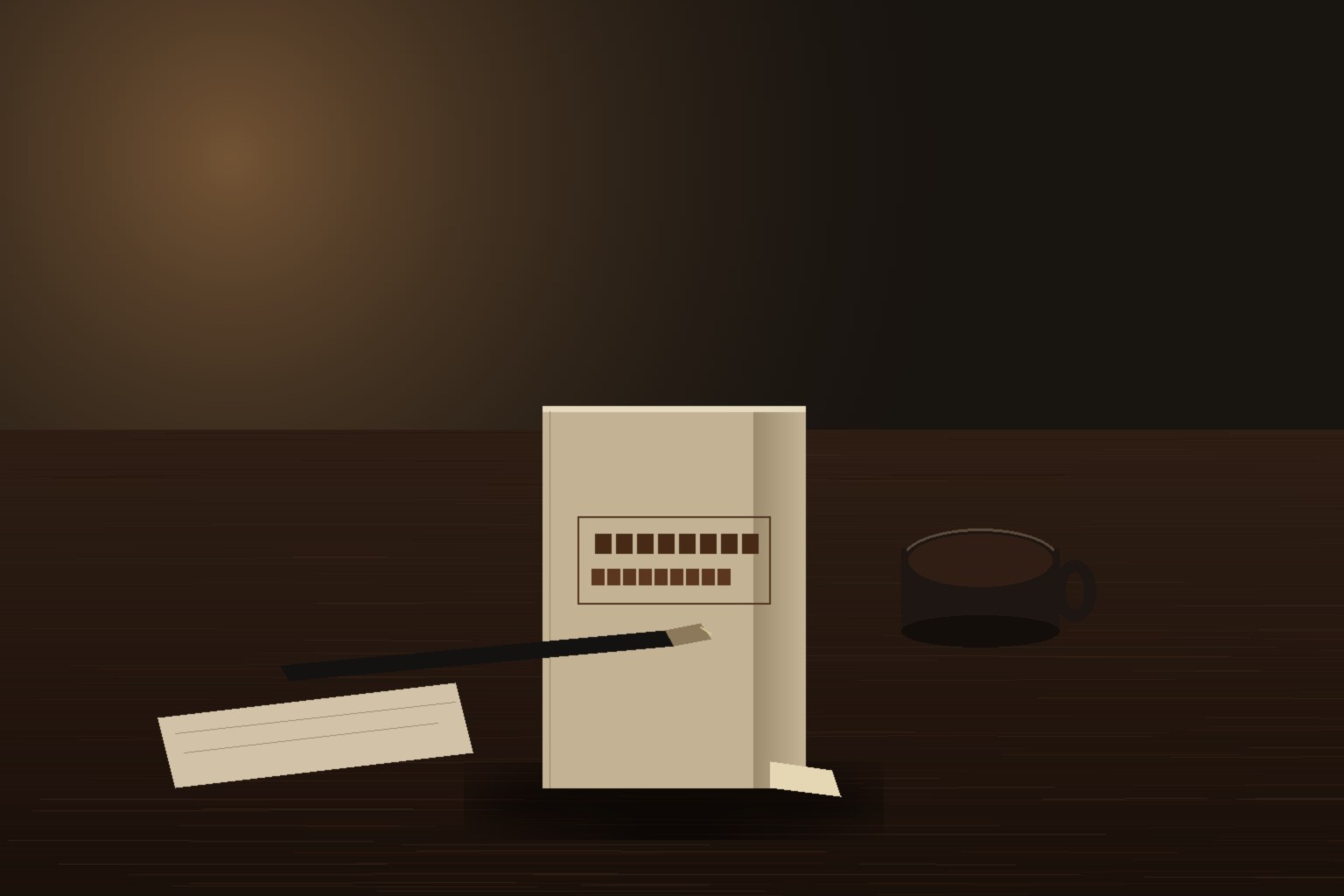 A cream-cloth French pocketbook on a dark wooden table in low warm light, beside a dark ceramic cup and a fountain pen.
