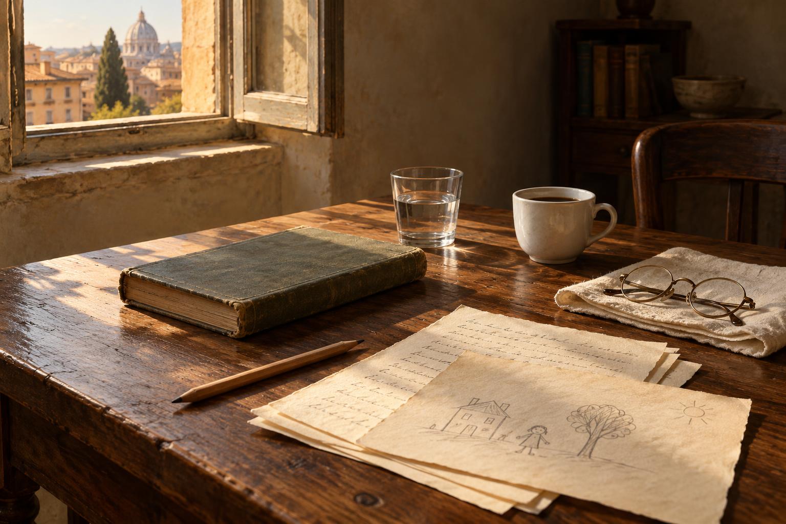 A worn cloth-bound copy of Natalia Ginzburg's Le piccole virtù on a dark walnut writing table in warm Roman afternoon light, beside a glass of water, a plain white cup of black coffee, round brass spectacles folded on a cream linen napkin, a wooden pencil, and a sheaf of handwritten pages with a child's drawing on the top sheet.