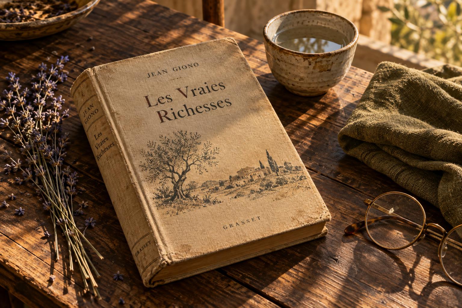 A worn cloth-bound edition of Jean Giono's Les Vraies Richesses on a dark wooden table in warm Provençal afternoon light, beside dried lavender, a ceramic cup of water, a folded olive linen cloth, and round brass spectacles.