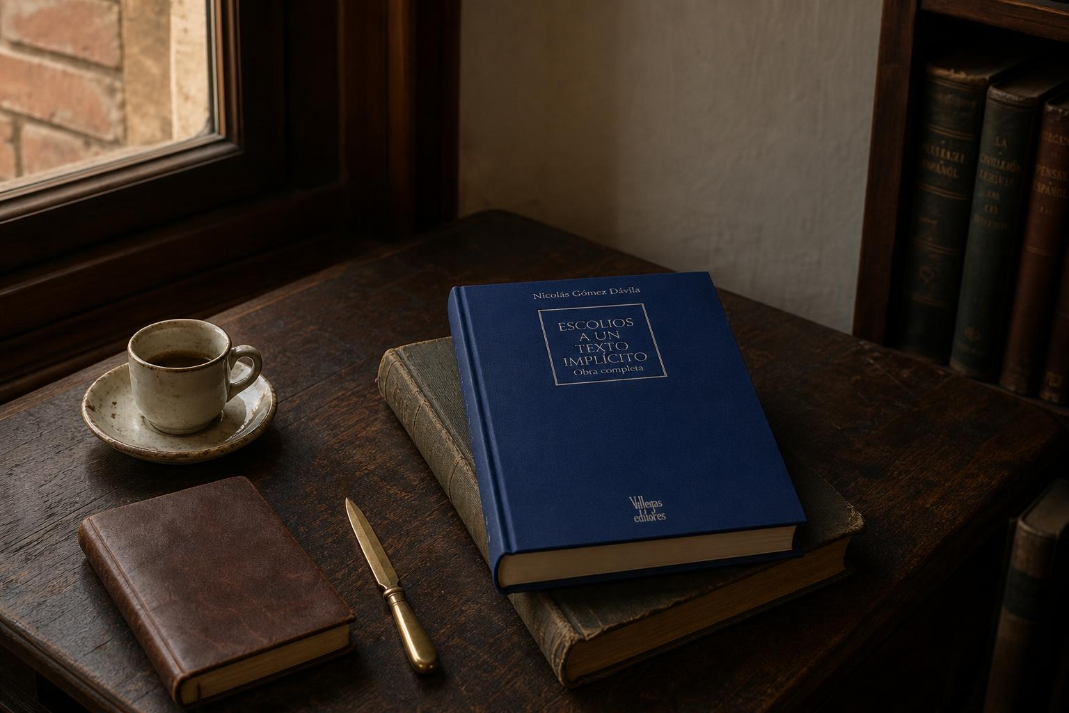 A dark blue hardcover of Nicolás Gómez Dávila's Escolios a un Texto Implícito on a worn wooden desk by a casement window, beside an espresso cup, a leather notebook, and a brass paperknife.