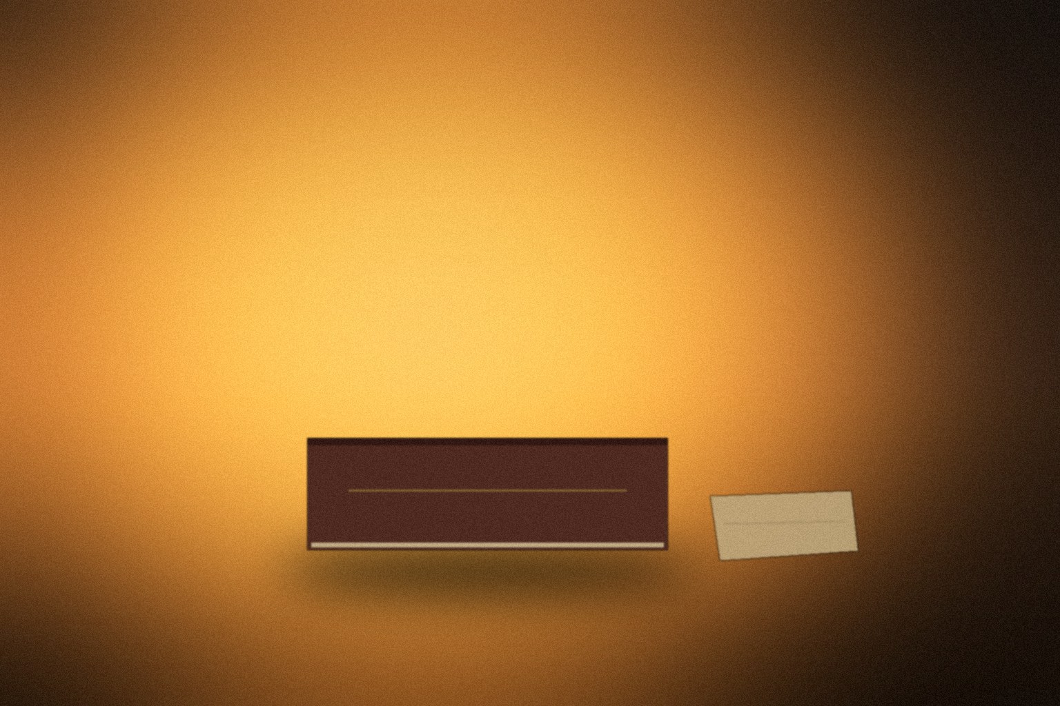 A dark walnut table in warm lamplight: a worn cloth-bound book lying flat with a thin gilt line along the cover, a folded travel paper beside it, and a quiet pool of amber light.
