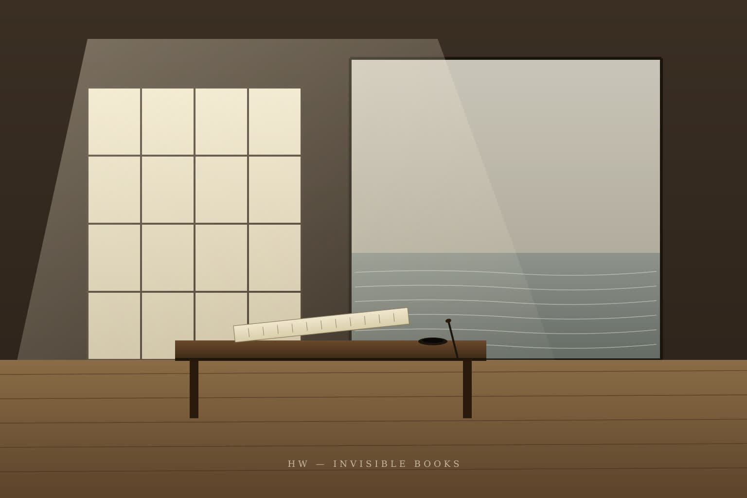 A small dark-wood writing table inside a wooden hut, a single scroll and an ink stone by an open shoji screen, a shallow stream visible in soft grey dawn light beyond.