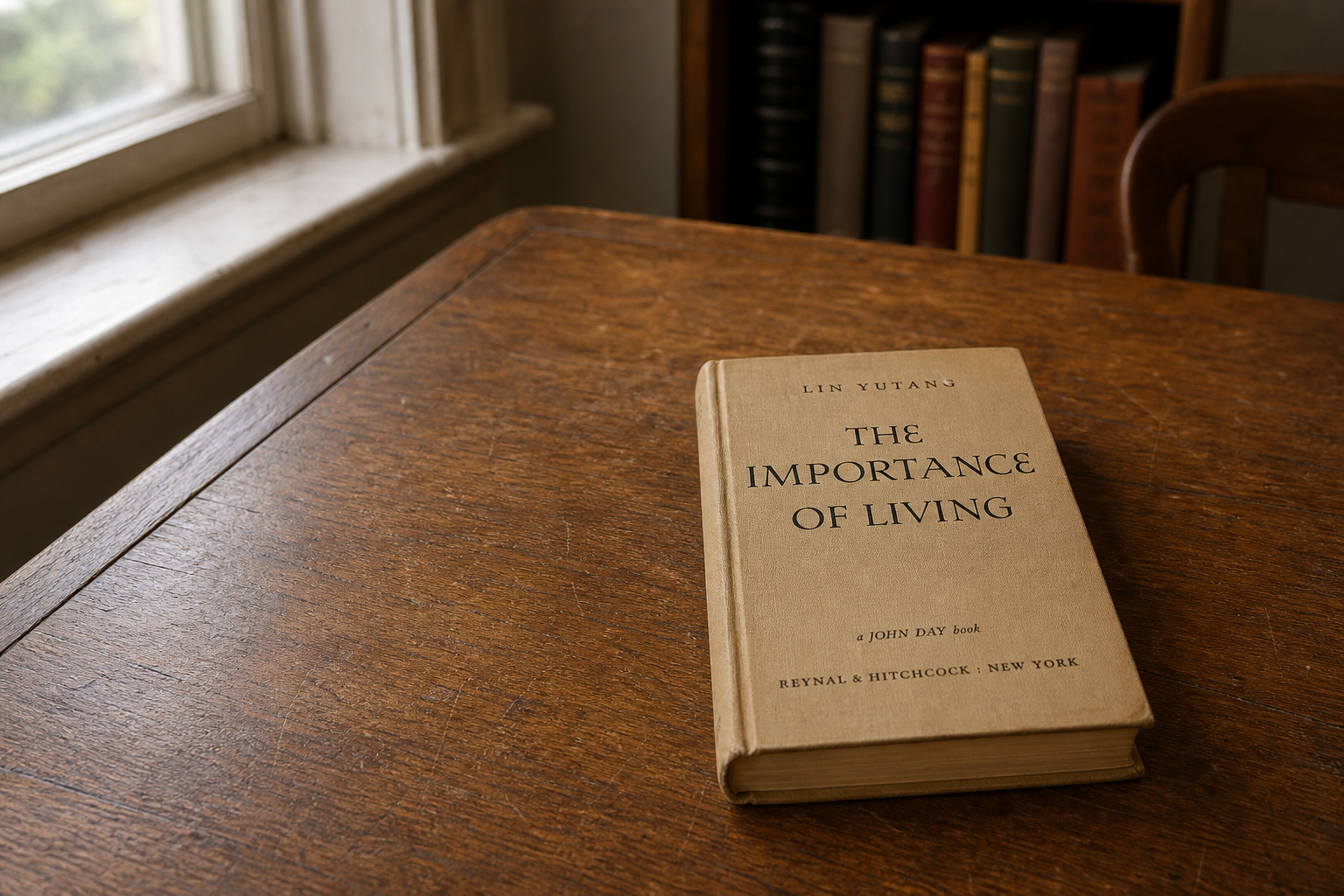 A tan 1930s copy of Lin Yutang's The Importance of Living on an old wooden table in soft window light.