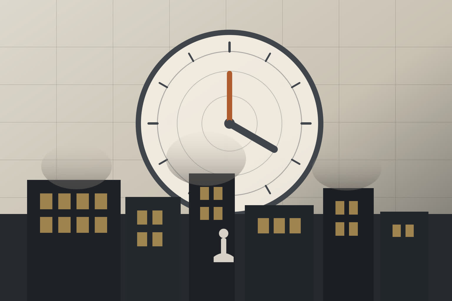 A large clock face hanging above a dark industrial skyline, with a small human figure beneath it and a rigid grid of measured time across the whole scene.