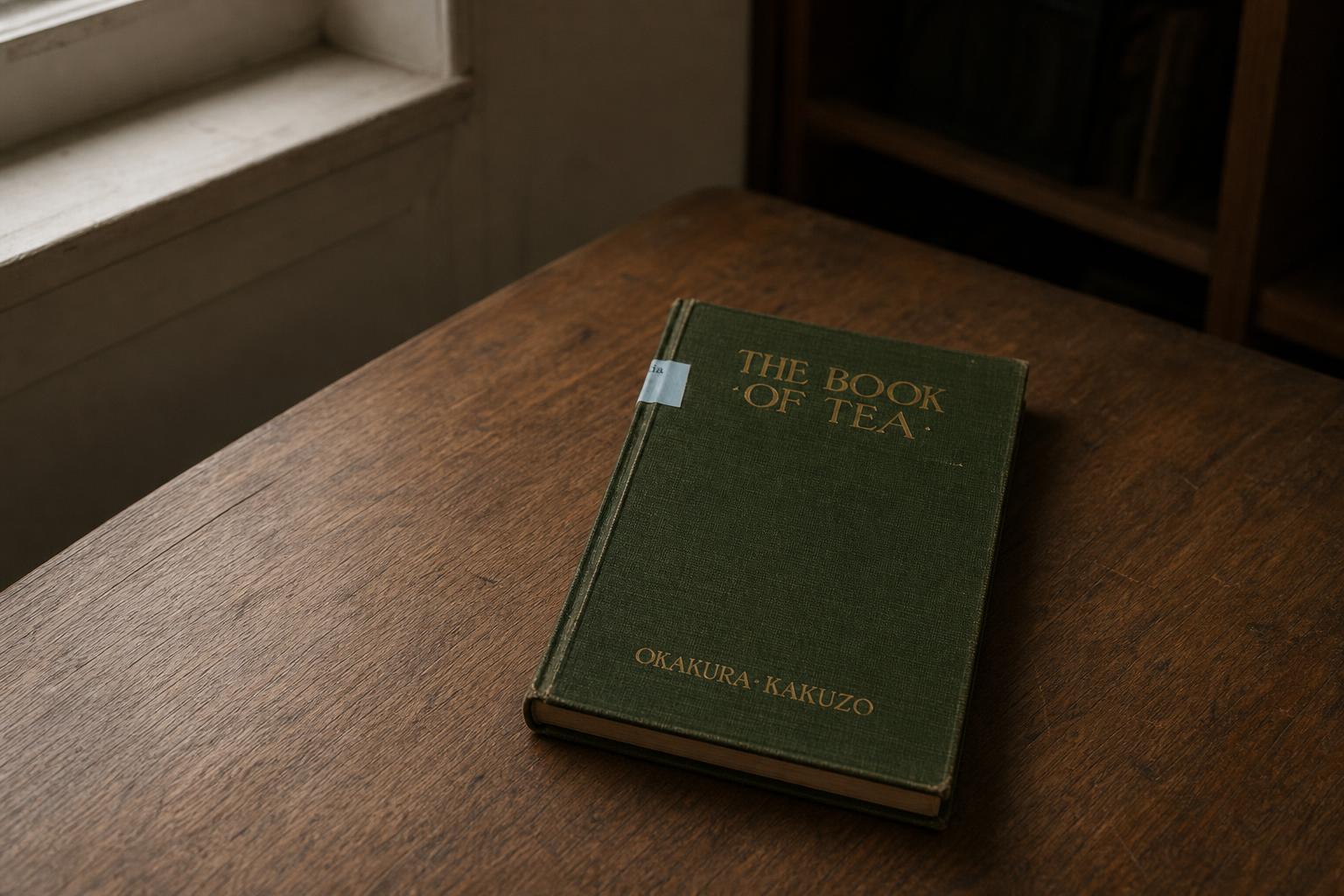 Kakuzō Okakura's The Book of Tea lying on a quiet wooden table in soft natural light.