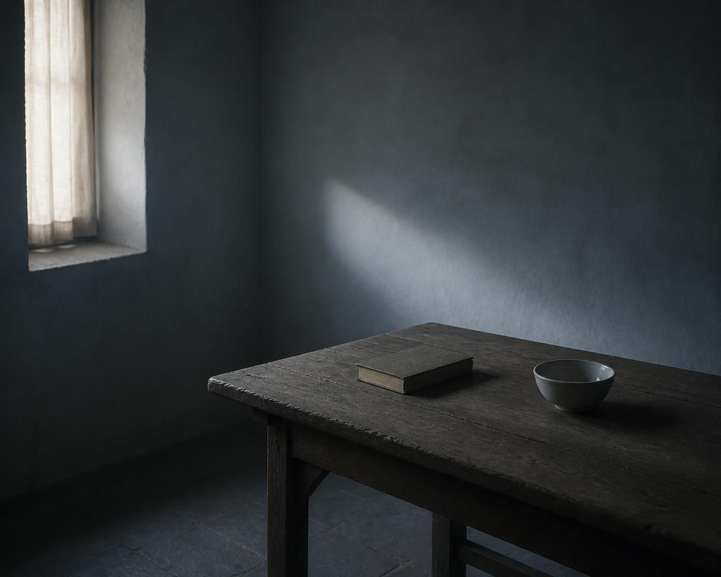 A quiet room at dawn: a plain wooden table, a closed book, a low white bowl, and a tall shuttered window admitting a narrow band of pale light.