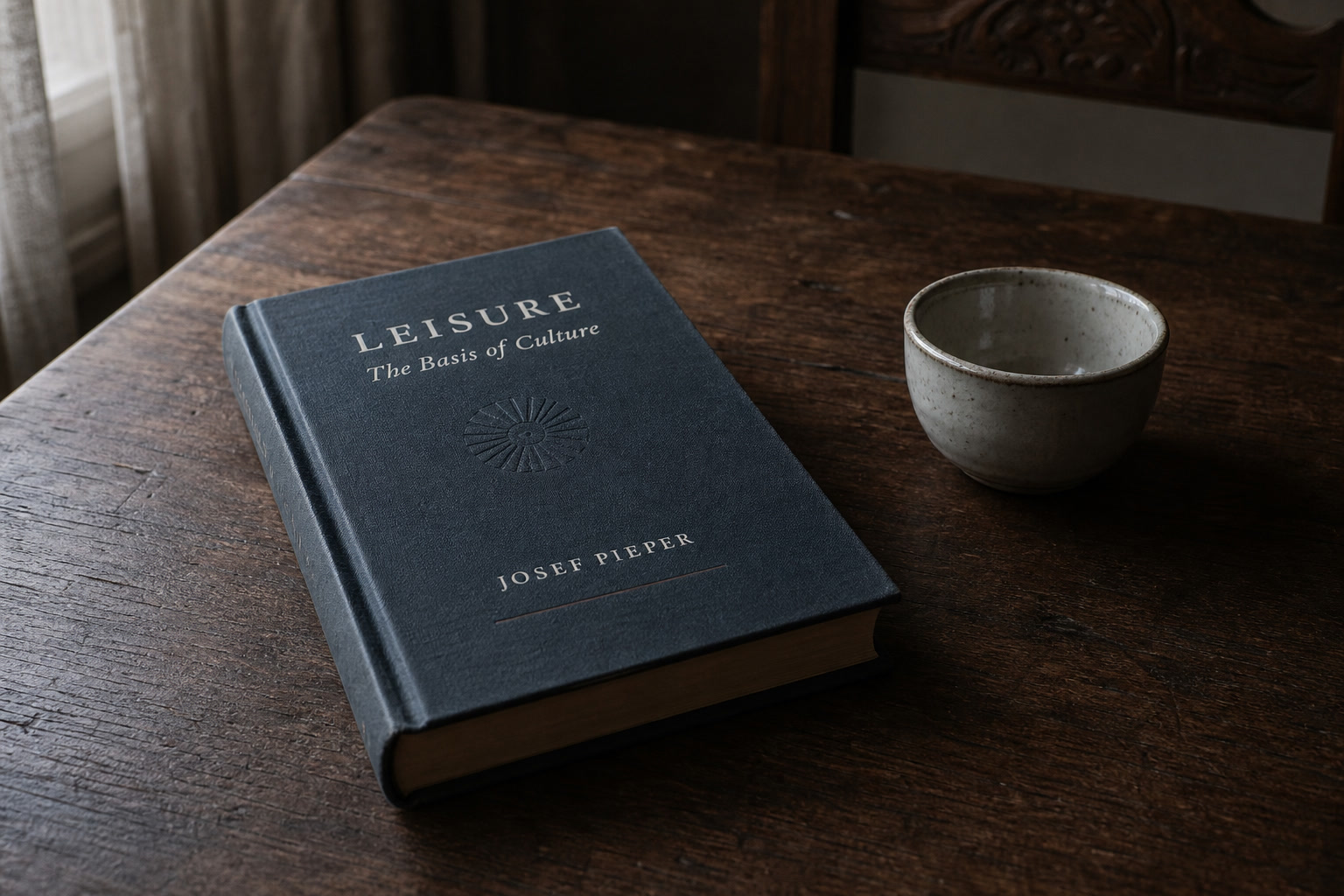 Josef Pieper's Leisure resting on a quiet wooden table in early morning light, beside a small ceramic cup.