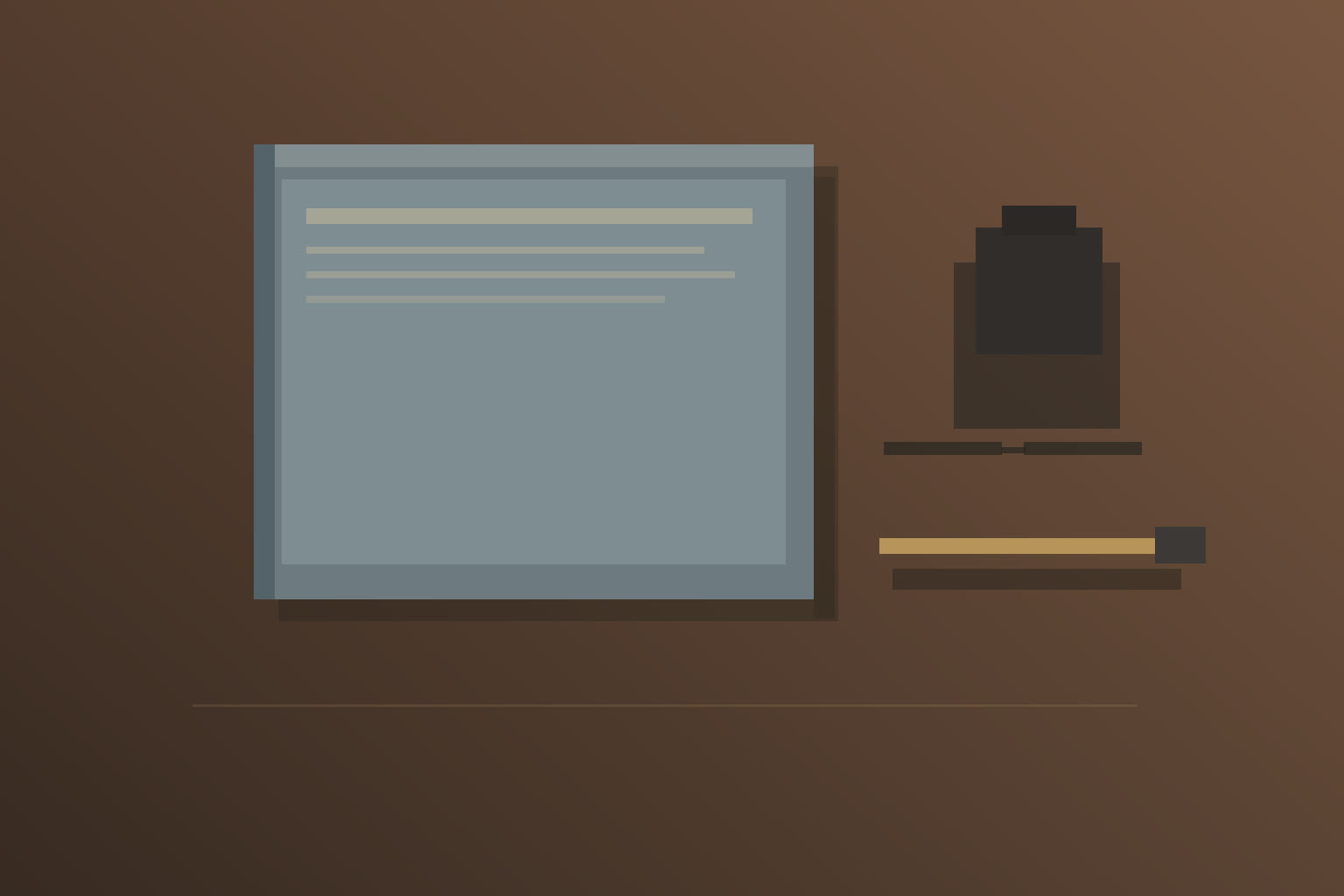 A worn grey-blue paperback on a dark wooden table in warm low light, beside a pencil, round spectacles, and a small dark ceramic cup.