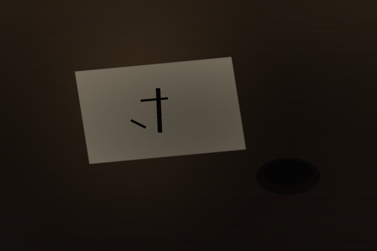 A sheet of pale paper on a dark wooden table in warm candlelight, with a single vertical ink stroke beside a small round inkstone.