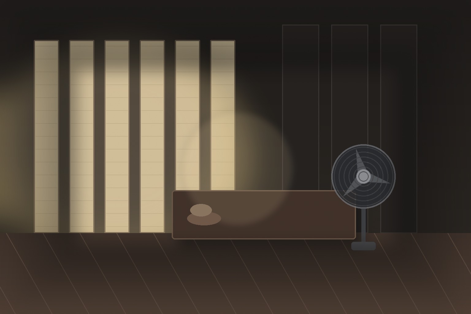 A dark Japanese-style room with pale shoji screens, a low table and paper lamp, and an electric fan intruding at the edge.
