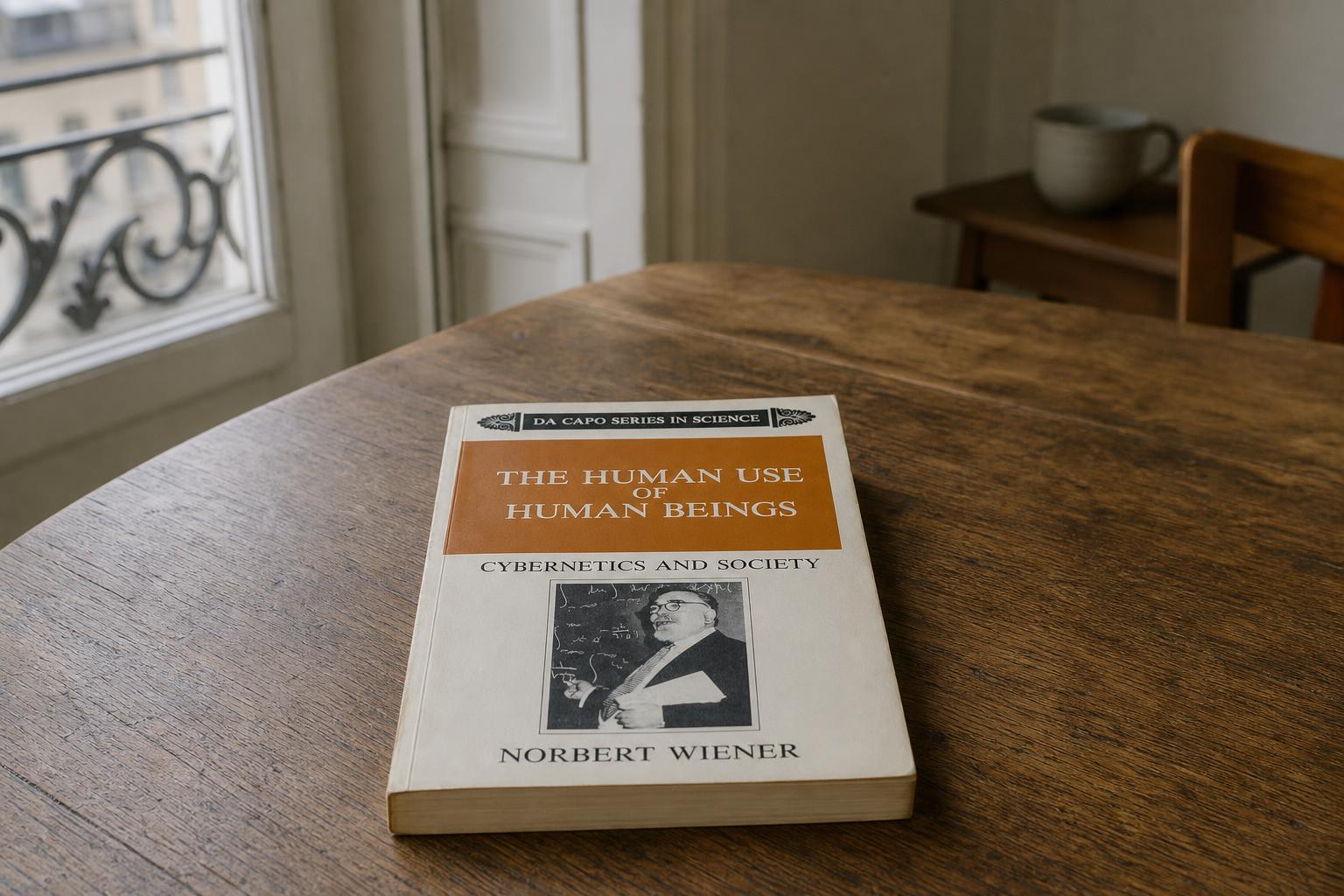 Norbert Wiener's The Human Use of Human Beings shown as a paperback standing against a pale ground in restrained editorial light.