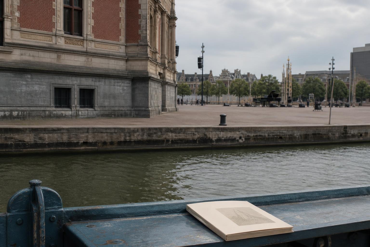 A calm Amsterdam water edge with a museum booklet on a blue ferry rail, a stone museum facade opposite, and an open civic square beyond.
