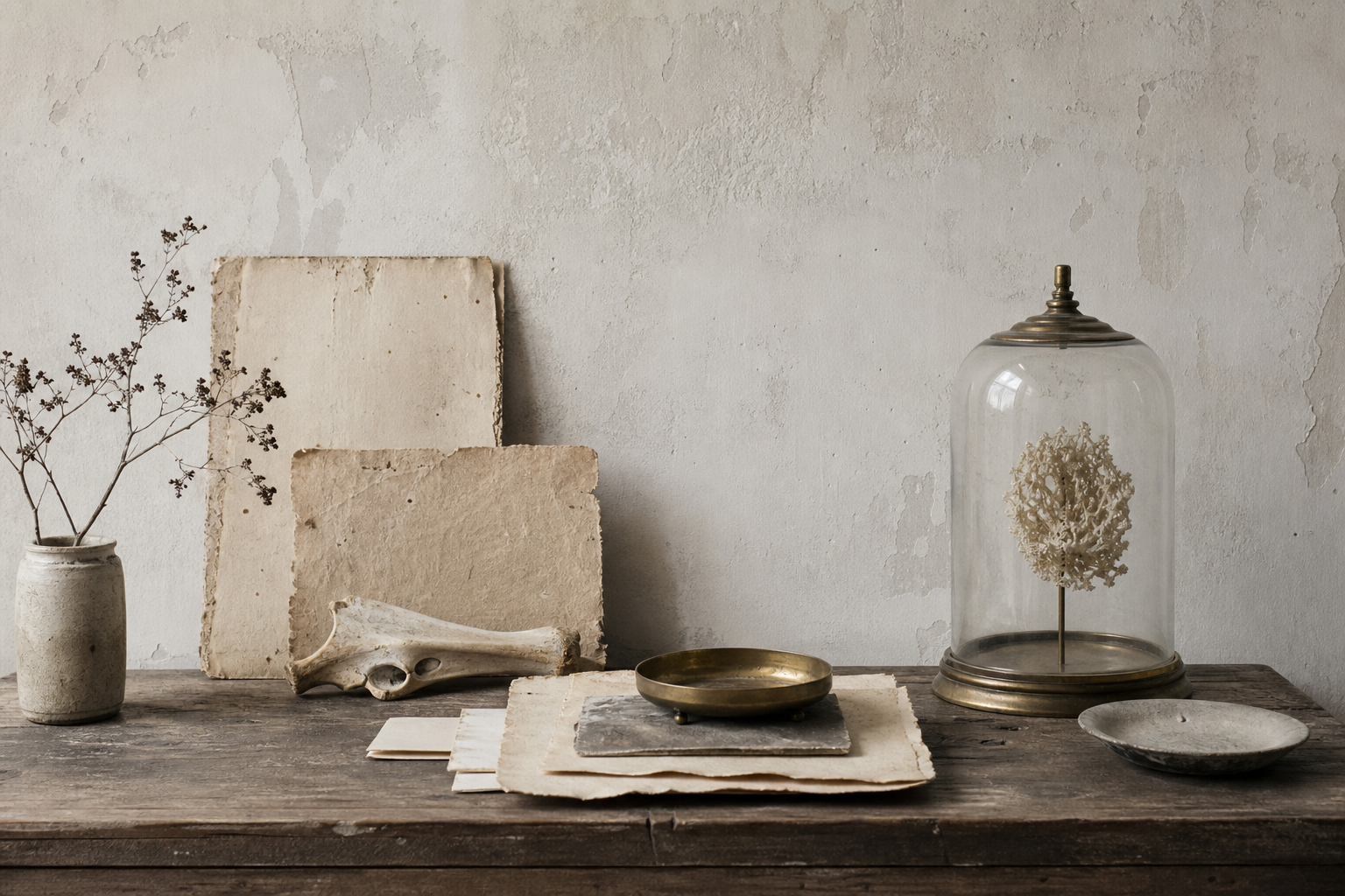 Editorial still life with archive papers, a small natural-history object, and a pale plaster surface on a quiet worktable.