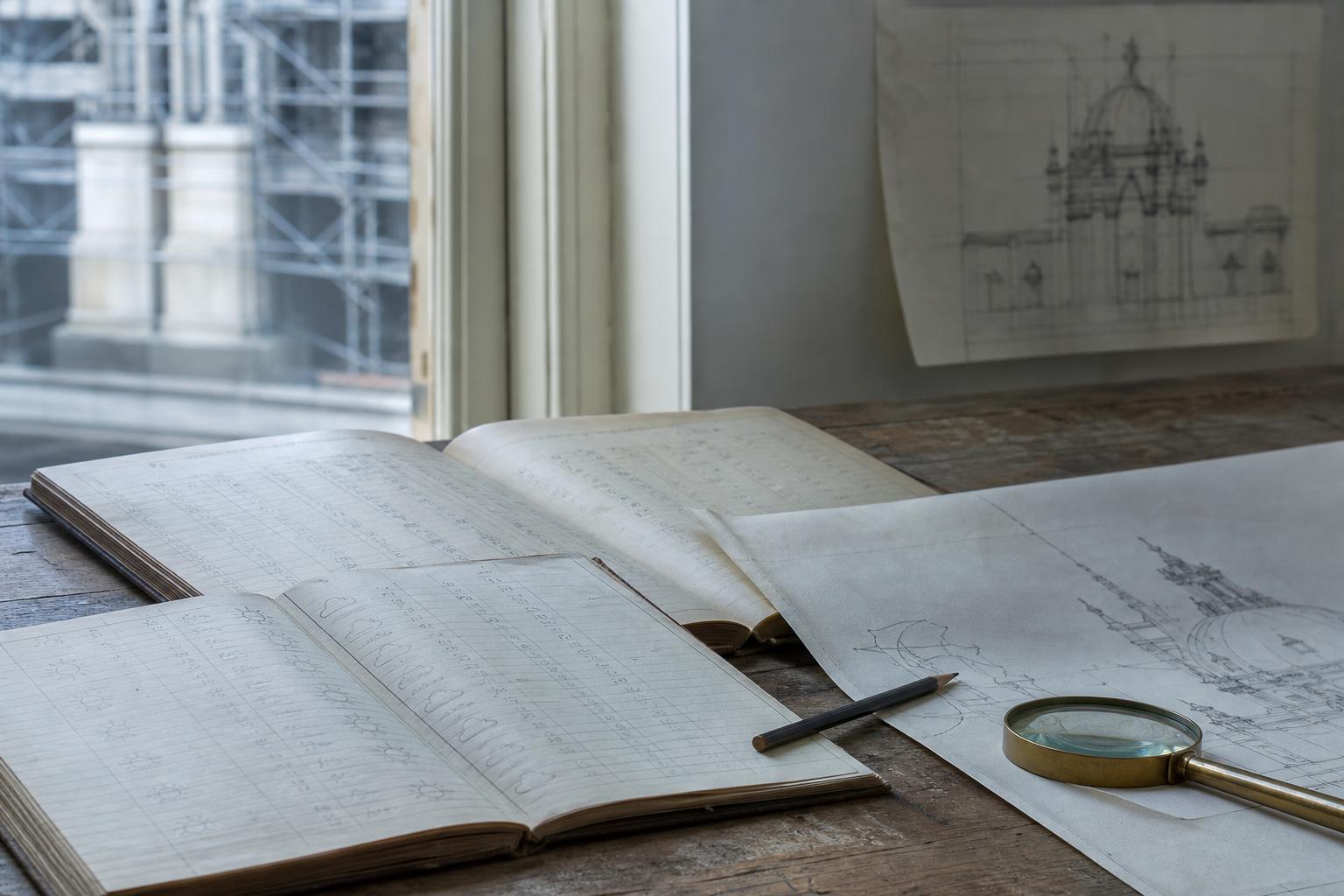 A quiet table by a window in morning light, with papers, a cup, and the restrained order of a room prepared for thought.