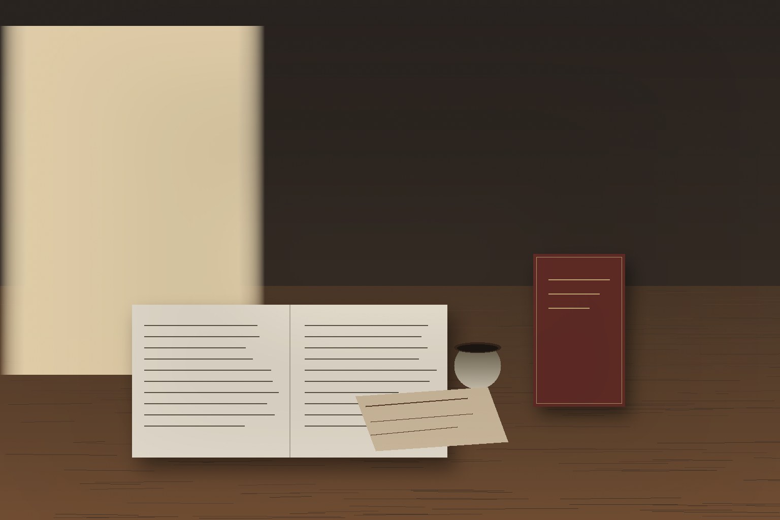 A restrained editorial still life in late afternoon light: an open literary magazine on a wooden table, a small hardcover book, a ceramic cup, and a folded concert programme, with soft window light on the left.
