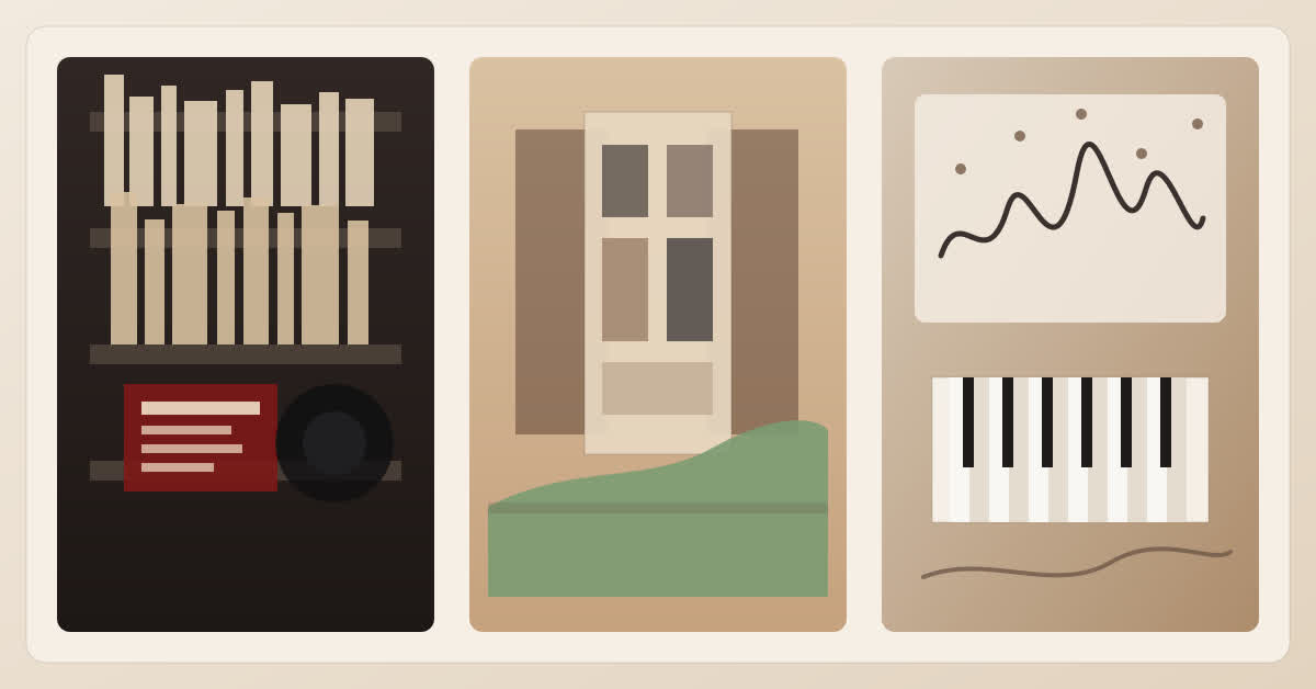 A warm three-panel editorial illustration: dark archive shelves with a red notice, a canal-house facade with framed photographs and garden green, and a piano keyboard beside a waveform and travel marks.