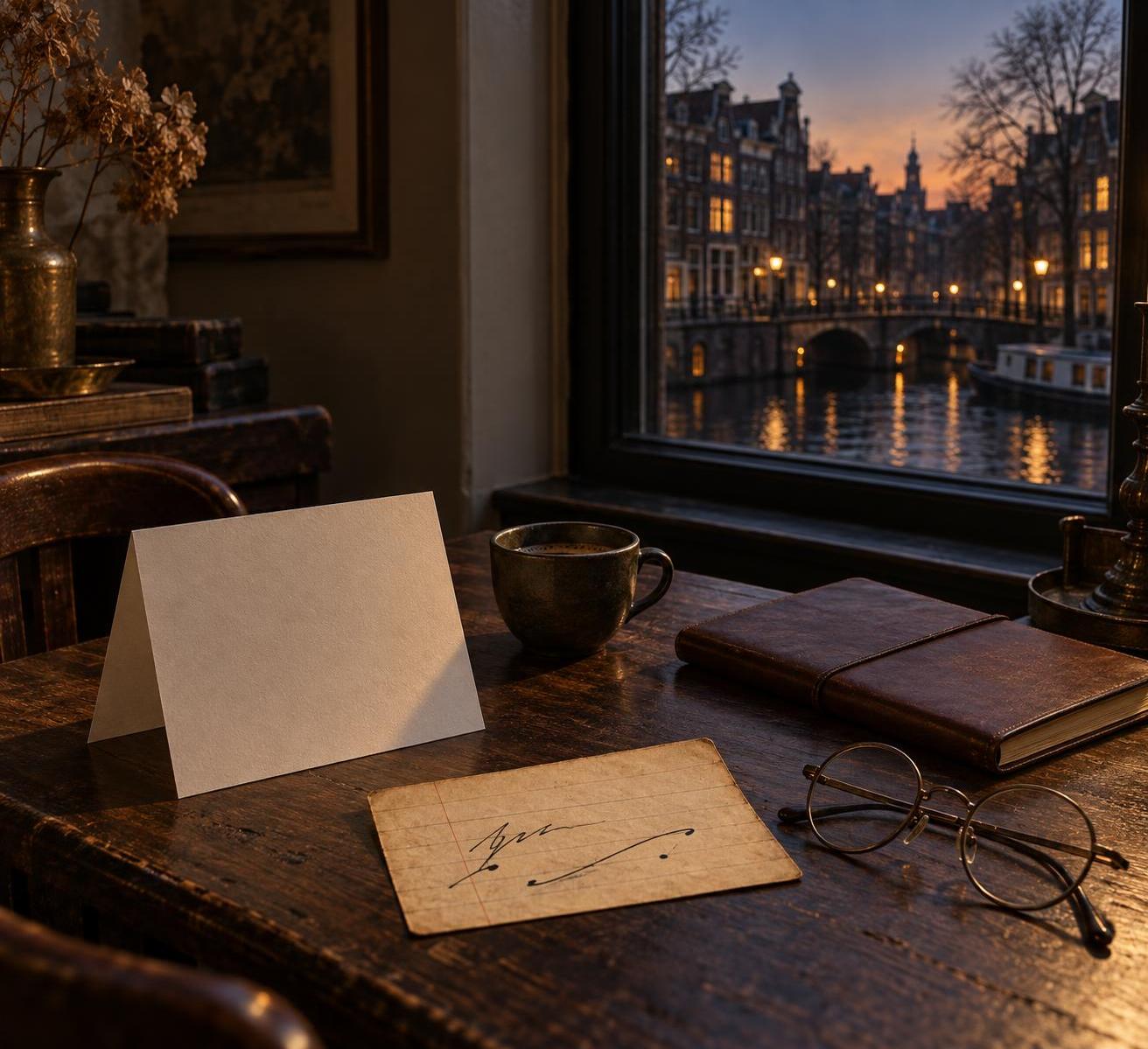 A restrained editorial still life in warm low light: a dark wooden writing table by a canal-house window, a folded programme, a small dark ceramic cup, a slim notebook, and a pair of round spectacles.