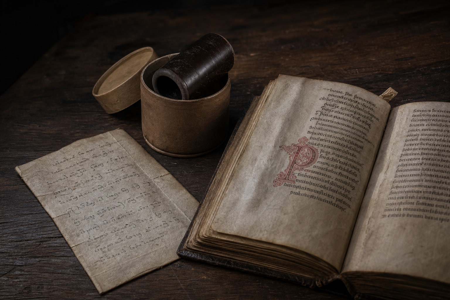 Editorial vignette: a small wax cylinder in its cardboard sleeve, an open medieval codex with a red initial, and a folded page of an unfamiliar script on a dark wooden table in low evening light.