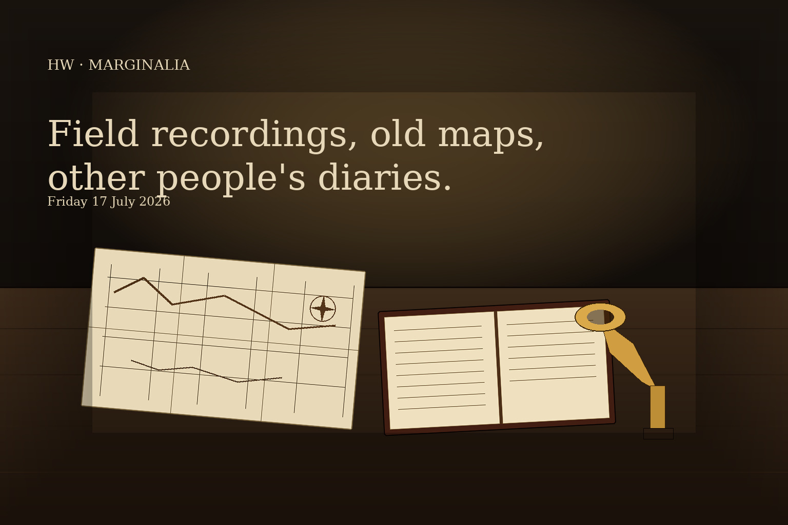 A quiet editorial vignette: an open leather diary, a folded antique map, and a small brass phonograph horn on a dark wooden table in low evening light.