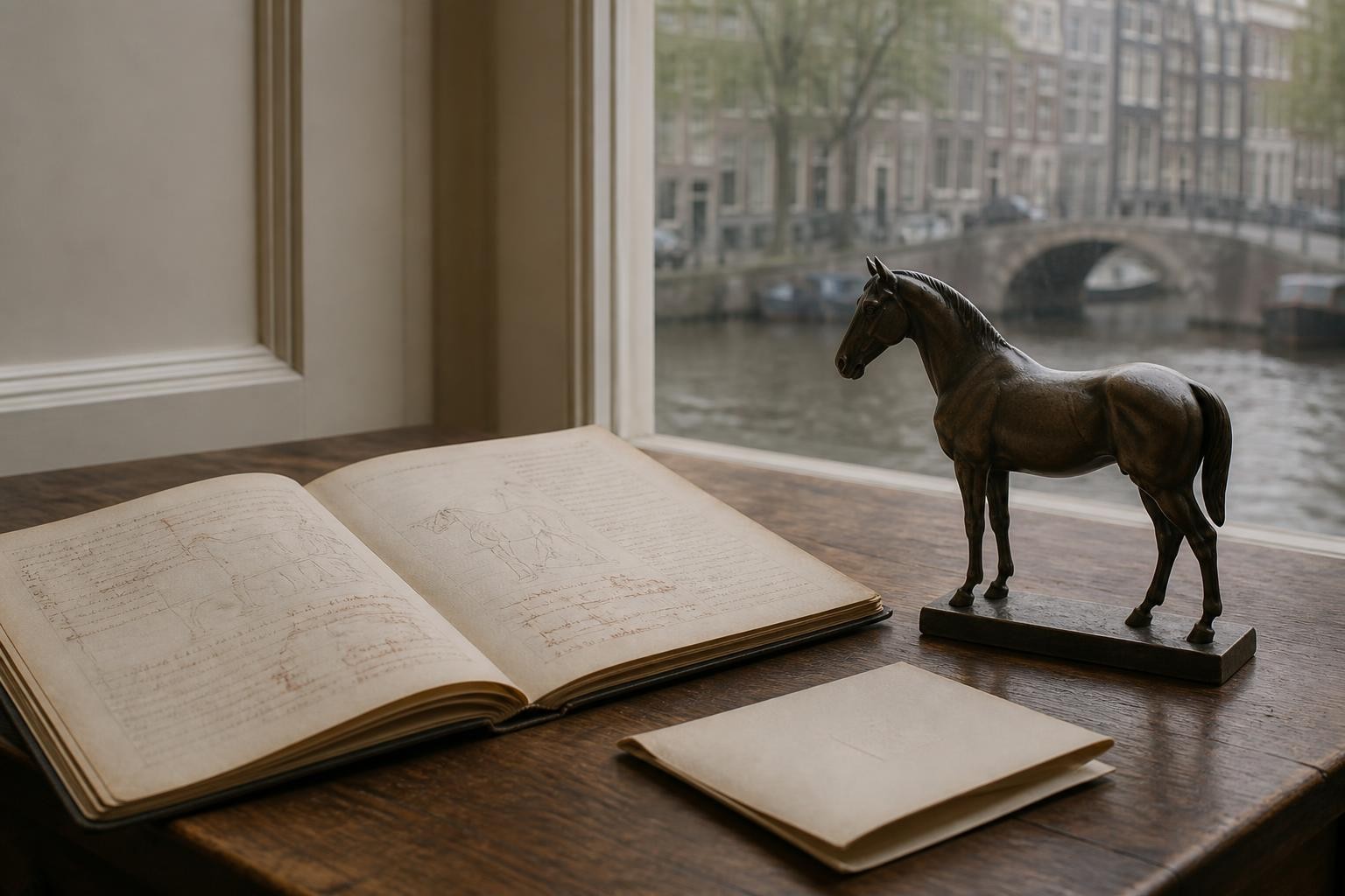A restrained editorial still life on a wooden worktable at late afternoon: an open manuscript with faint sigils, a small dark bronze horse figurine, a folded festival programme, and a narrow window opening onto a canal facade in soft light.