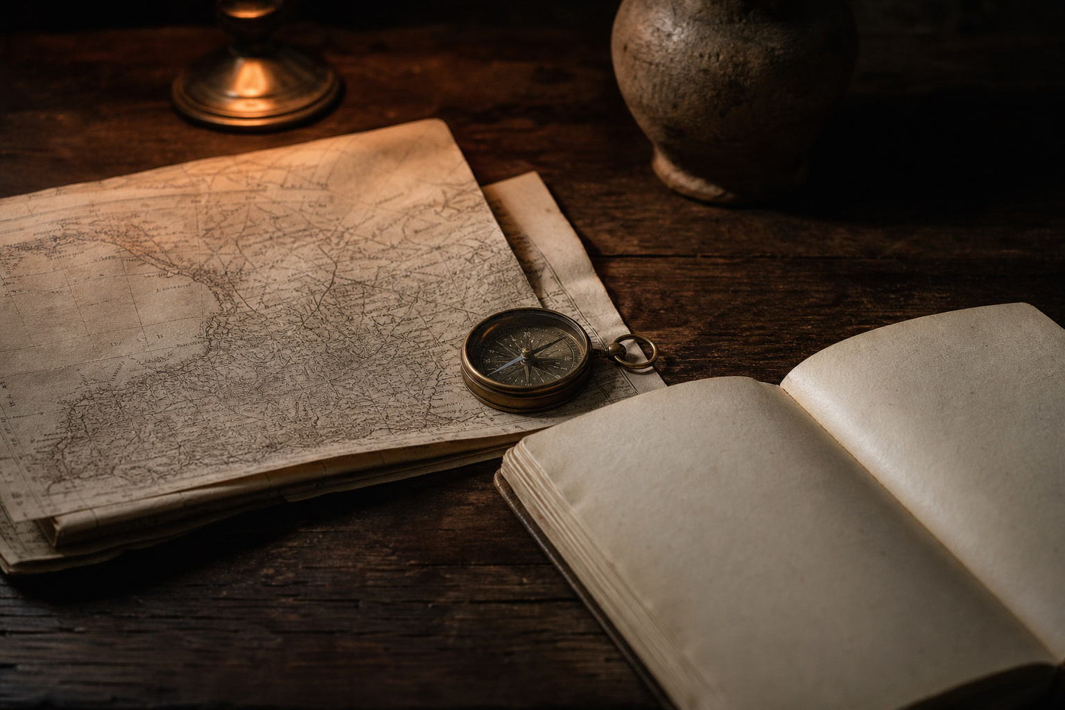 A quiet editorial vignette: a folded antique map beside a small brass compass and an open notebook on a dark wooden table in low light.
