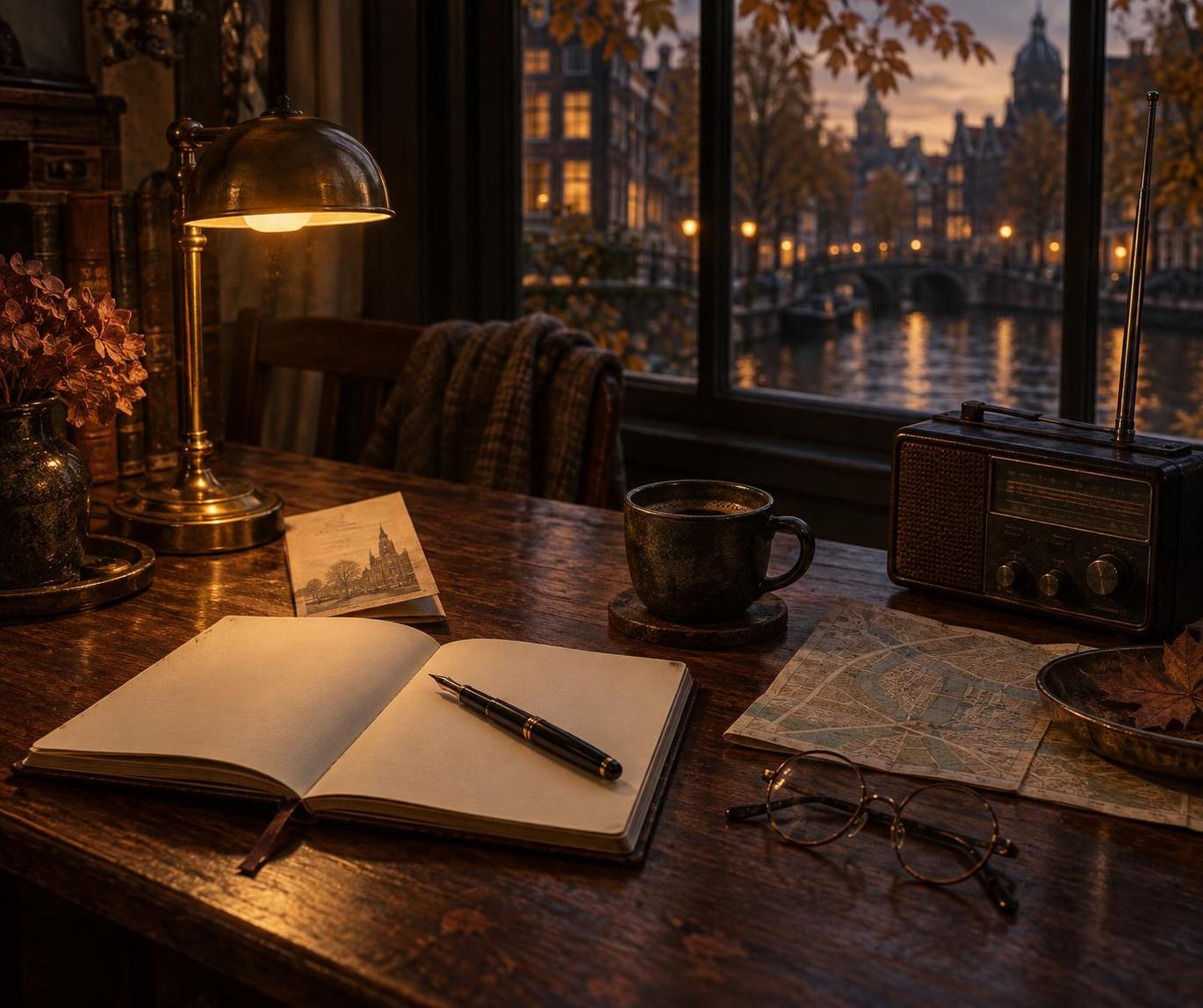 A restrained editorial still life in warm low light: a dark wooden writing table near a canal-house window at dusk, an open notebook, a folded programme, a small dark ceramic cup, a shortwave radio beside a folded map, and a pair of round spectacles.