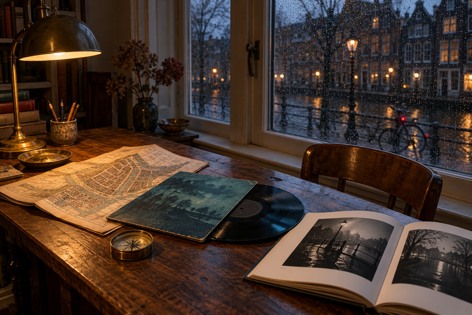 A rain-lit Amsterdam study with an old map, a record, a brass lamp and an open book on a wooden table.
