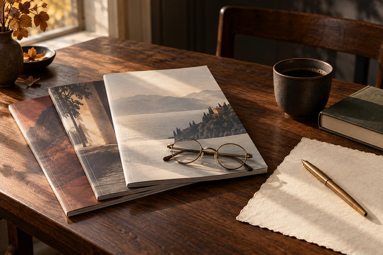 A restrained editorial still life in late autumn light: three folded international literary magazines, a small cloth-bound hardcover, a dark ceramic cup, round brass spectacles, and a brass pen on handmade paper, on a dark walnut table.