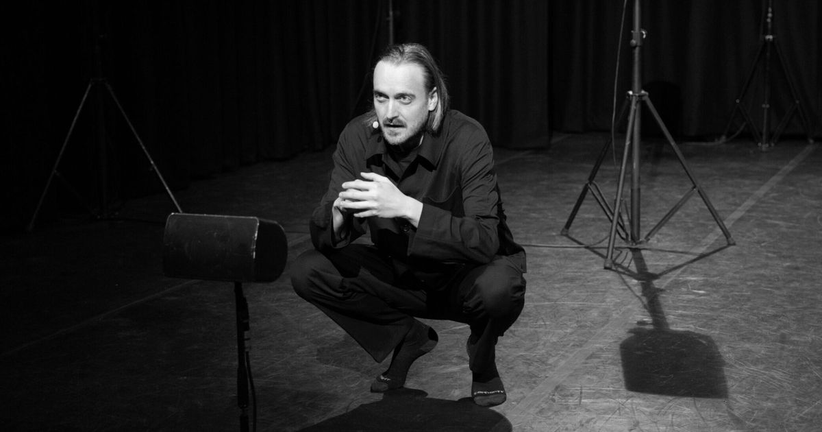 Press image for Urland's Before The Story Starts at Frascati: a theatrical figure suspended in a dark, dreamlike stage space.