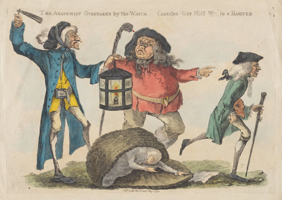 Eighteenth-century satirical print of an anatomist being caught while trying to steal a body in a hamper.