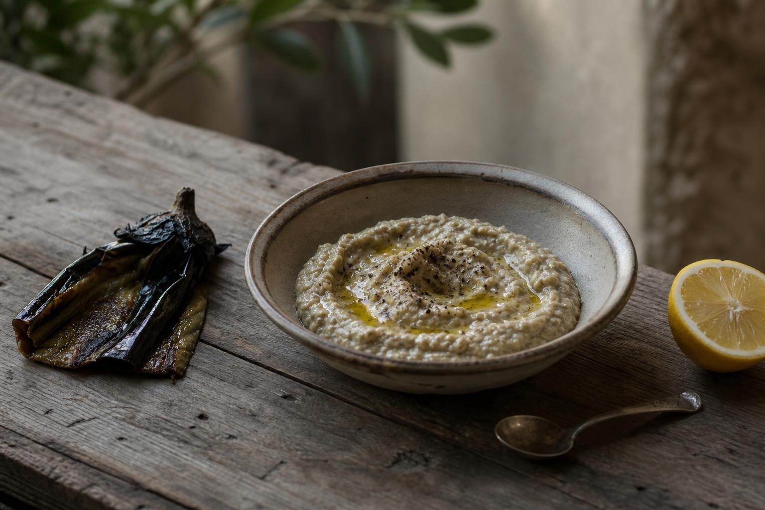 A ceramic bowl of baba ganoush on a weathered wooden table beside a charred aubergine skin, a half lemon, and a small spoon in soft evening light.