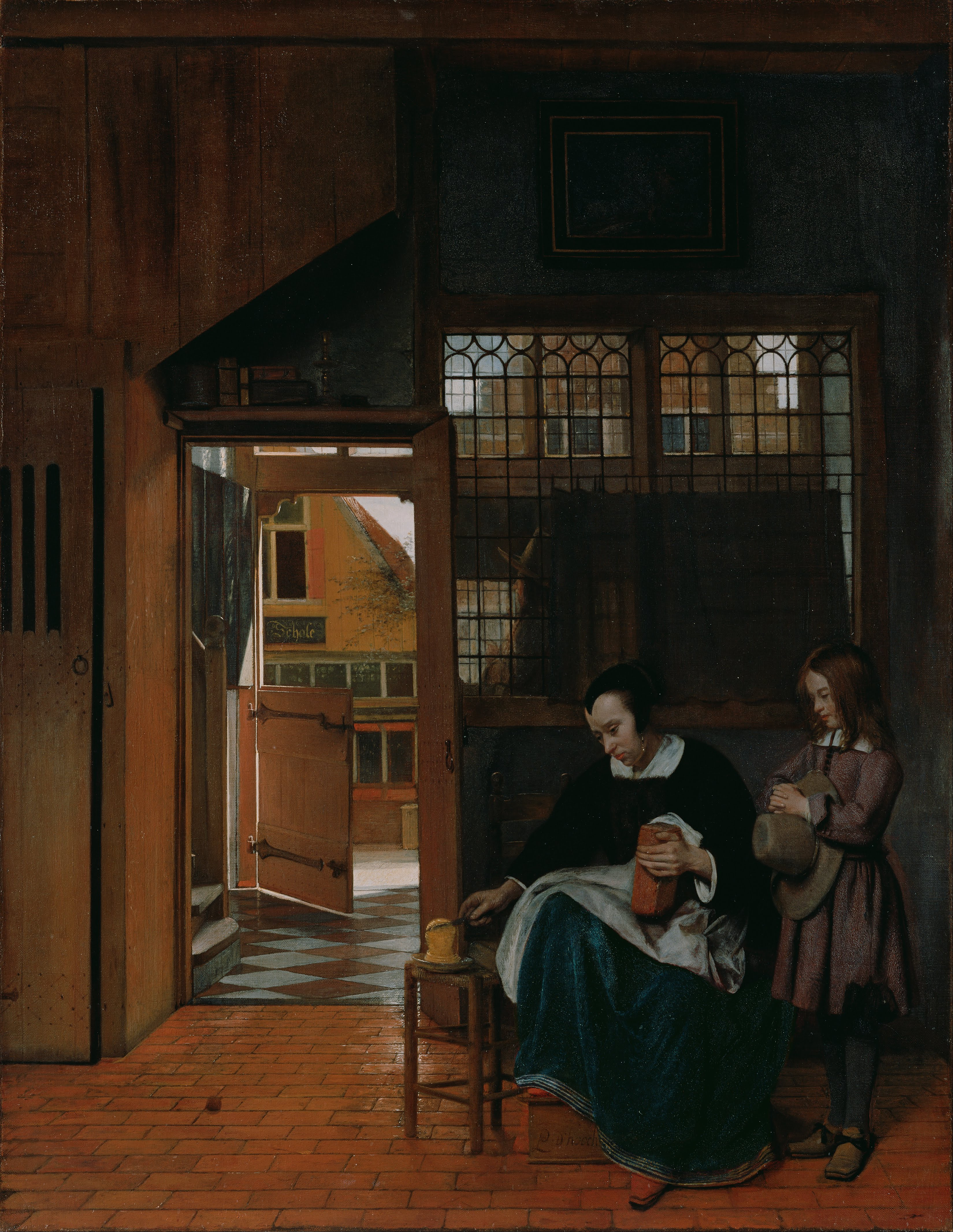 Pieter de Hooch's A Woman Preparing Bread and Butter for a Boy: a quiet Dutch interior with a servant buttering bread while a child waits nearby.