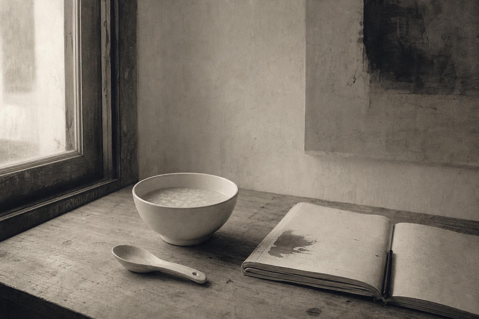 Restrained editorial image of a bowl of congee with steam rising above a dark tray.