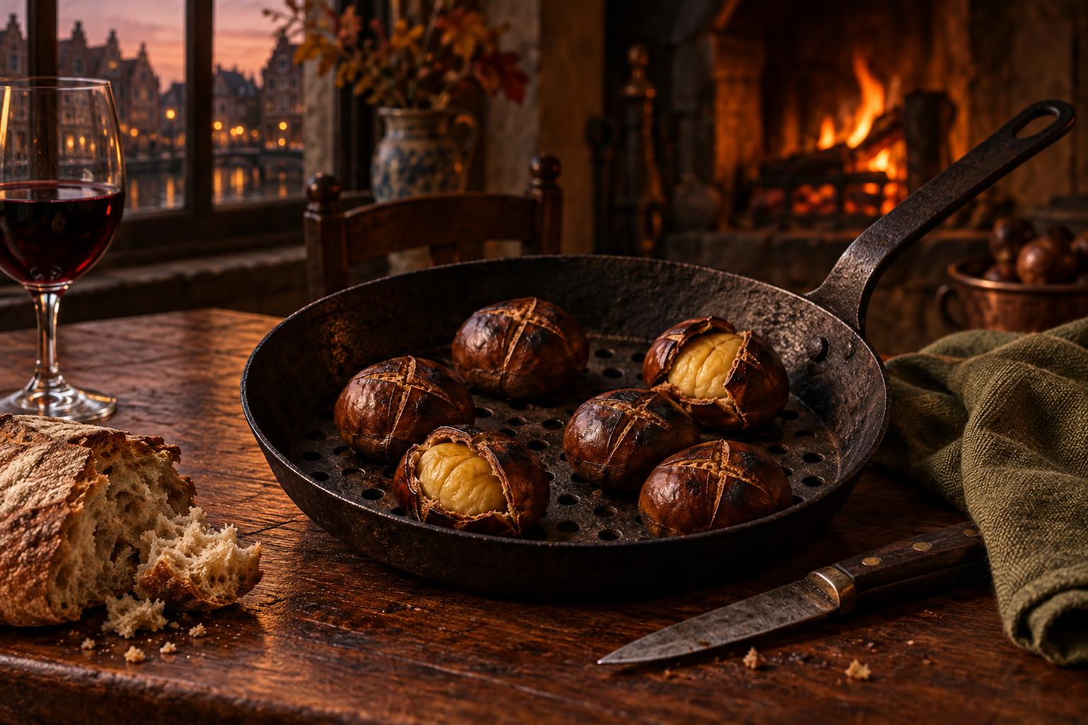 A restrained editorial still life in warm low autumn light: a shallow black cast-iron chestnut pan with perforated base holding six roasted chestnuts scored with a cross-cut, two already split open to show the pale yellow kernel, a small dark-handled paring knife, a torn piece of country bread, and a half-glass of dark wine at the edge of the frame.