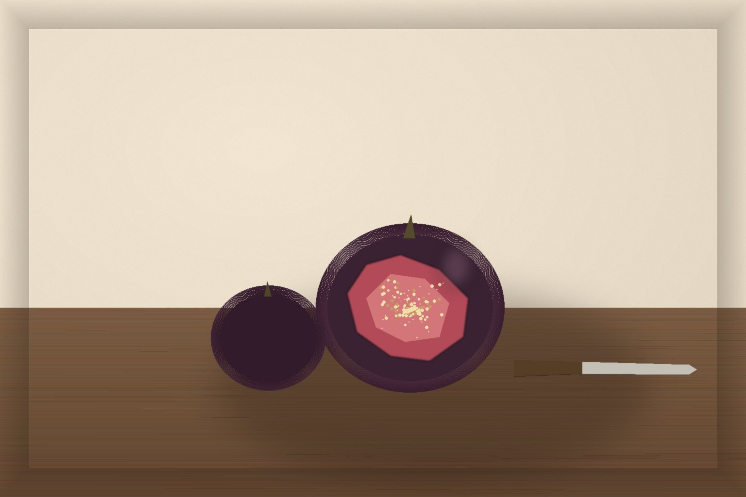 A restrained editorial still life in warm paper tones: a dark aubergine fig torn open on a wooden counter, its rose-coloured interior visible, a smaller closed fig behind, and a small paring knife resting to the right.