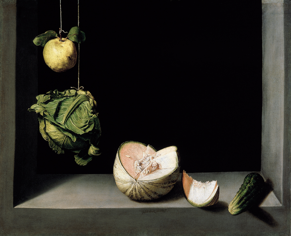 Juan Sánchez Cotán, Still Life with Quince, Cabbage, Melon, and Cucumber, 1602: quince and cabbage hung on strings in a dark cantarero niche, with a cut melon and a cucumber on the stone sill, cold daylight against a black ground.