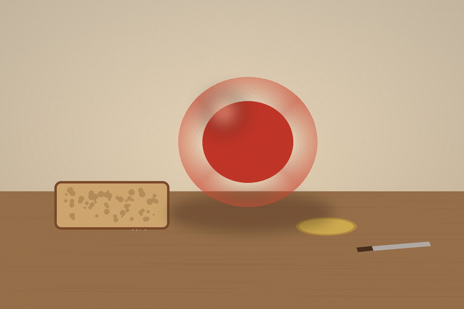 A warm editorial still life in paper tones: a large ripe tomato with its green calyx above a wooden counter, a torn slice of country bread, a small mound of coarse salt, and a shallow pool of olive oil.