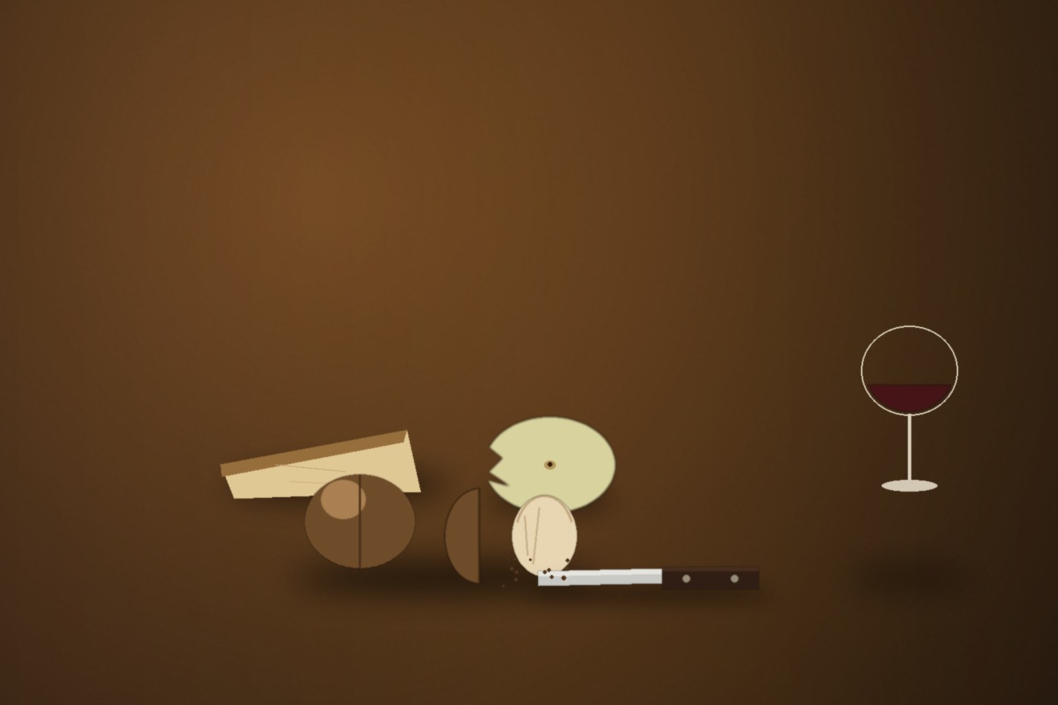 A restrained editorial still life in warm low light: two fresh walnuts on a dark wooden table, one split open to show its pale kernel, a small dark-handled paring knife resting nearby, a wedge of hard cheese, a torn piece of pear, and a plain glass of red wine at the edge of the frame.